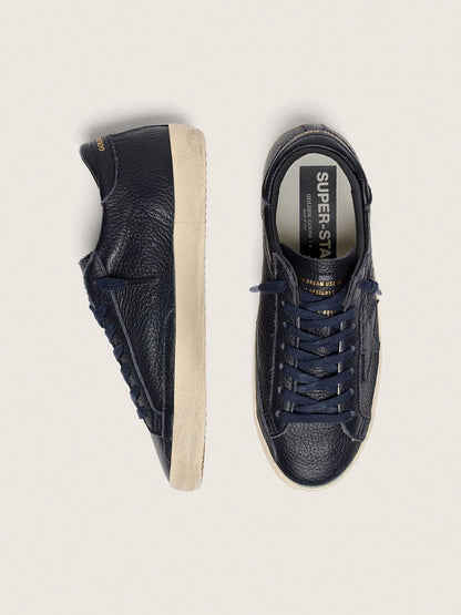 Golden Goose Mens Super-Star In Navy-Blue Leather With Tone-On-Tone Leather Star Mens