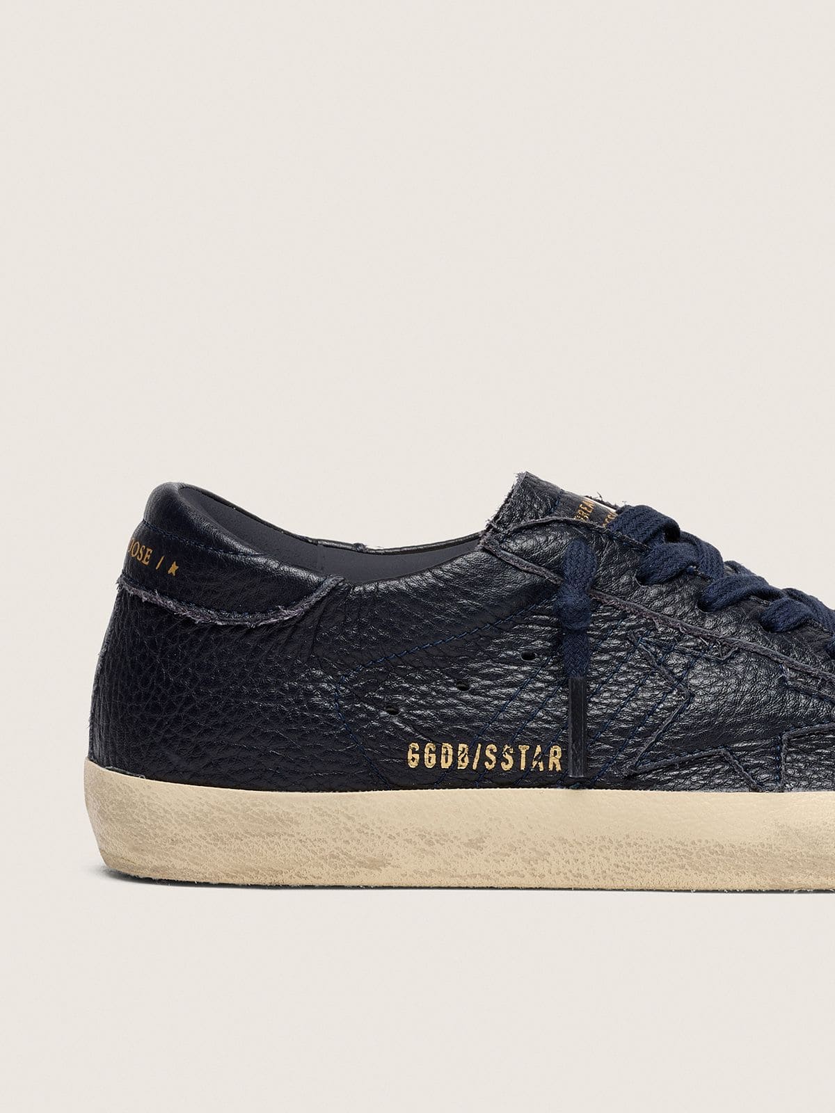 Golden Goose Mens Super-Star In Navy-Blue Leather With Tone-On-Tone Leather Star Mens