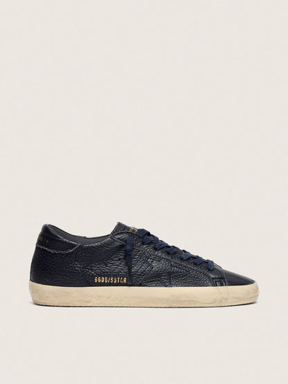 Golden Goose Mens Super-Star In Navy-Blue Leather With Tone-On-Tone Leather Star Mens