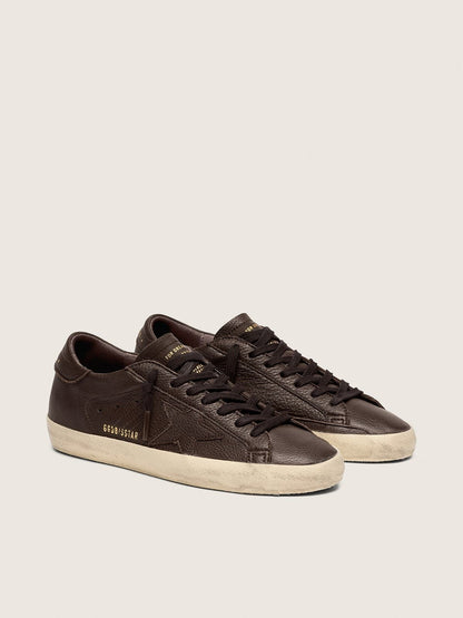 Golden Goose Mens Super-Star In Dark Brown Leather With Tone-On-Tone Leather Star Mens