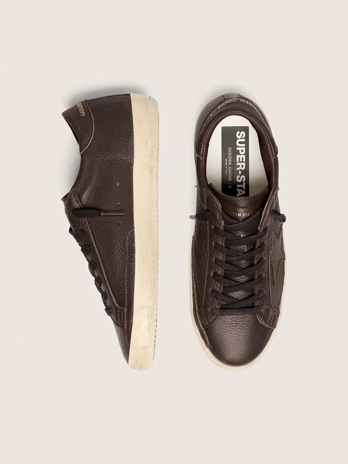Golden Goose Mens Super-Star In Dark Brown Leather With Tone-On-Tone Leather Star Mens