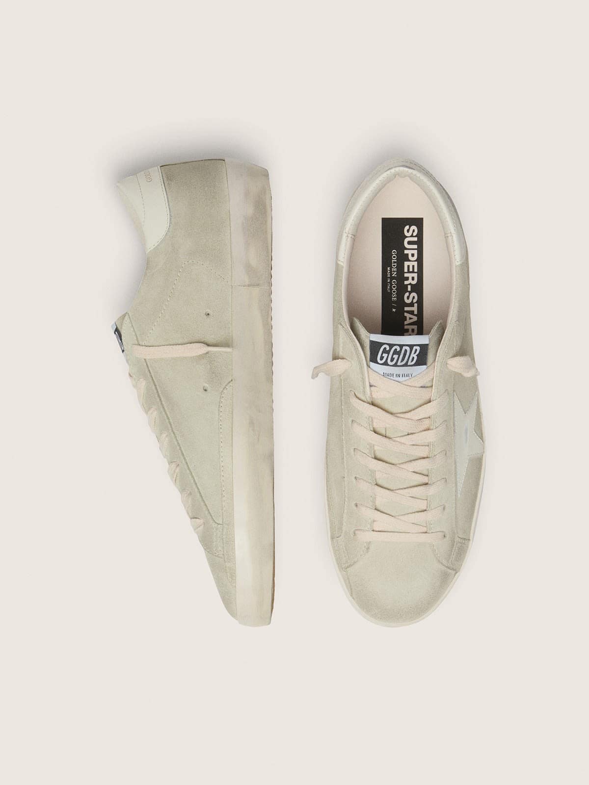 Golden Goose Mens Super-Star In Light Gray Suede With White Leather Star Mens
