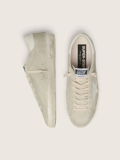 Golden Goose Mens Super-Star In Light Gray Suede With White Leather Star Mens