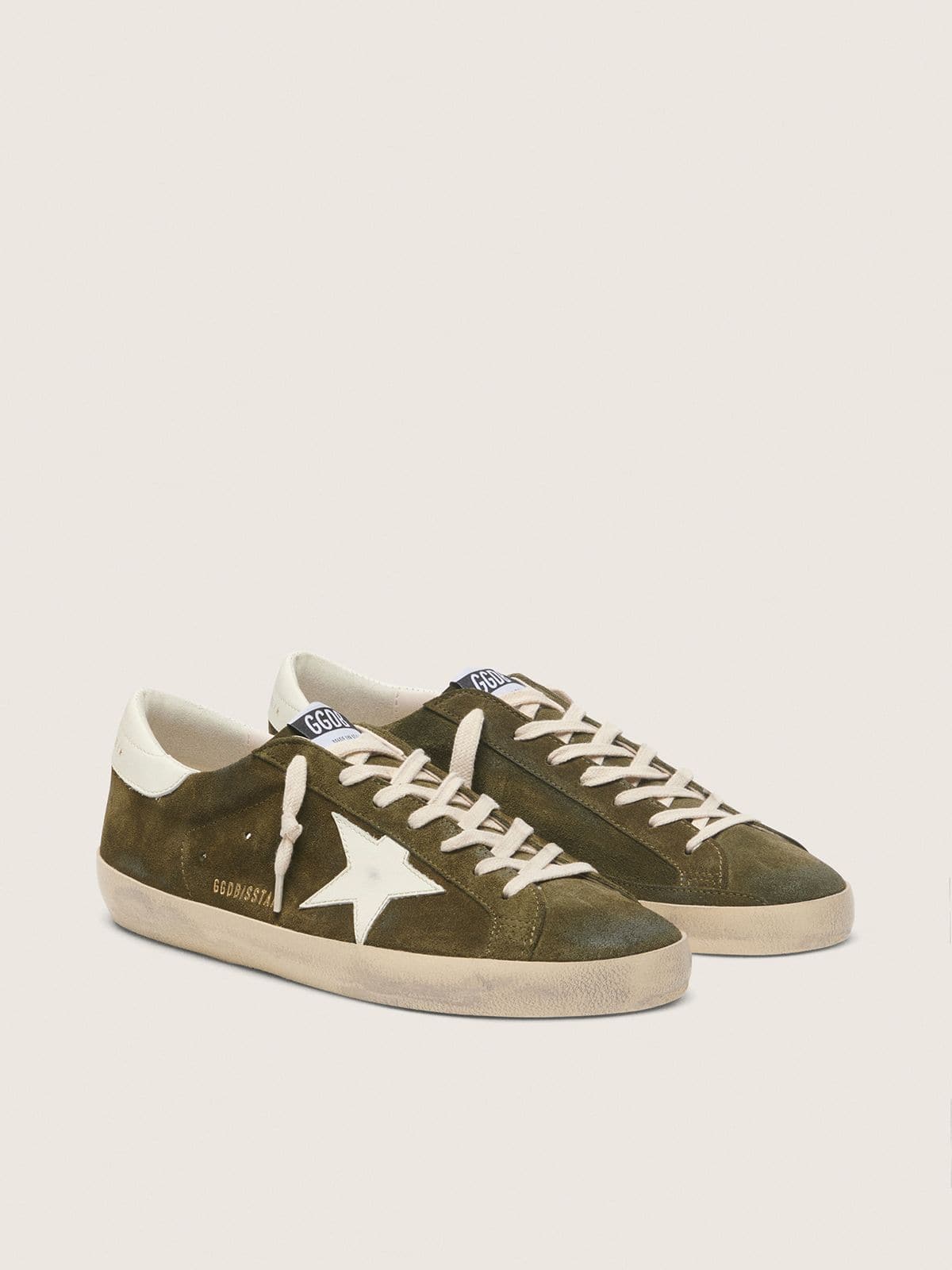 Golden Goose Mens Super-Star In Olive-Green Suede With White Leather Star Mens