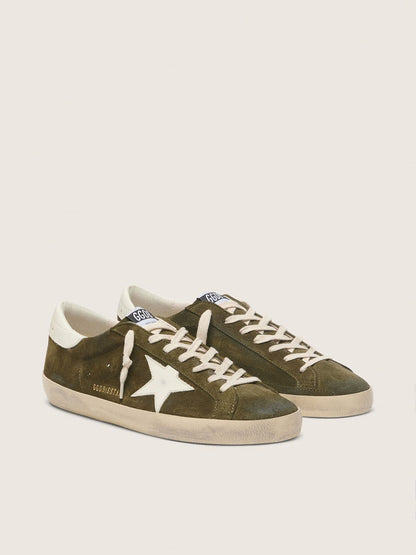 Golden Goose Mens Super-Star In Olive-Green Suede With White Leather Star Mens