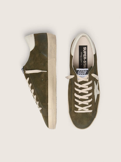 Golden Goose Mens Super-Star In Olive-Green Suede With White Leather Star Mens