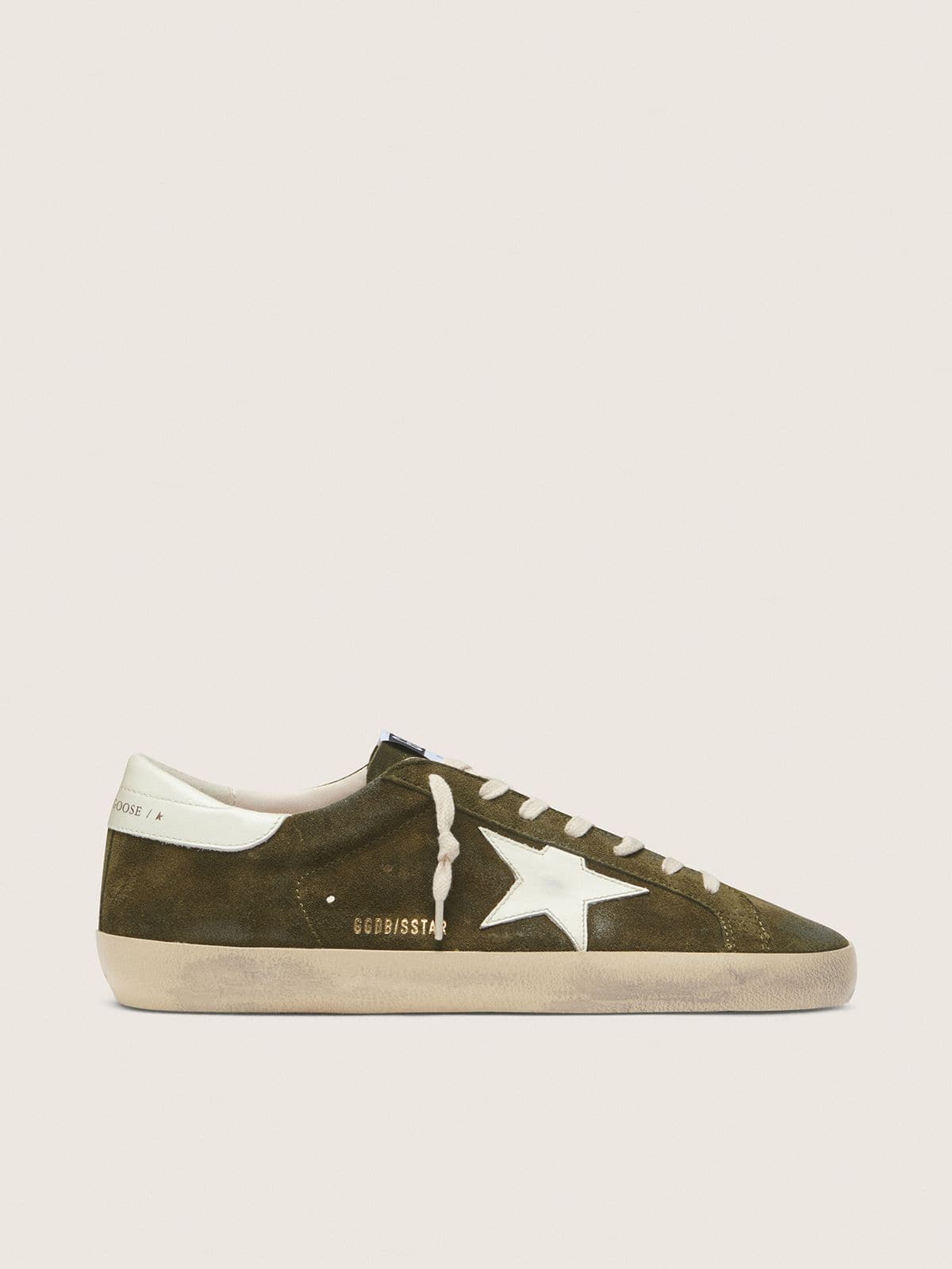 Golden Goose Mens Super-Star In Olive-Green Suede With White Leather Star Mens