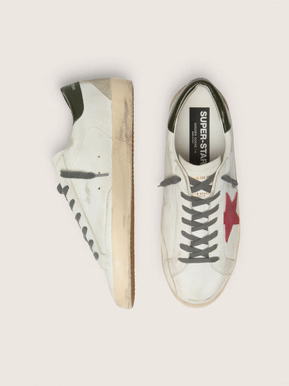 Golden Goose Mens Super-Star With Red Suede Star And Green Leather Heel Tab Mens