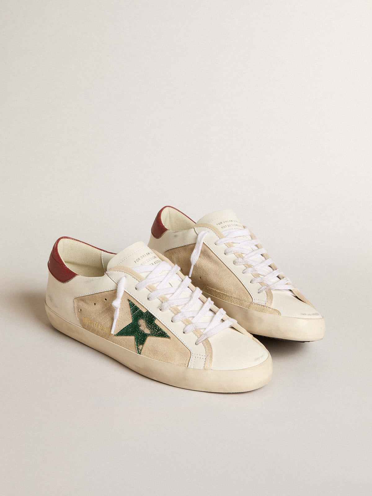 Golden Goose Mens Super-Star Ltd In Suede With Green Metallic Star And Red Heel Tab Mens