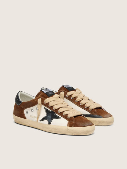 Golden Goose Mens Super-Star In White Leather And Brown Suede With Black Leather Star Mens