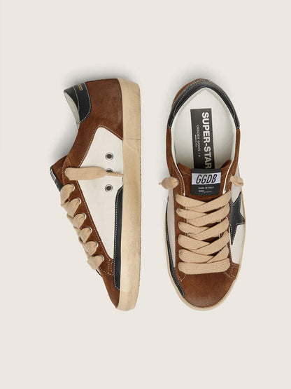Golden Goose Mens Super-Star In White Leather And Brown Suede With Black Leather Star Mens