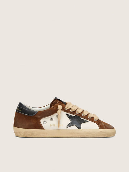 Golden Goose Mens Super-Star In White Leather And Brown Suede With Black Leather Star Mens
