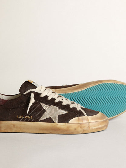 Golden Goose Mens Super-Star Penstar In Brown Suede With A Platinum Star Mens