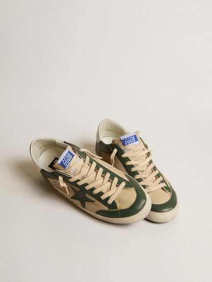 Golden Goose Mens Super-Star In Cream Mesh And Green Nappa With Nappa Star Mens
