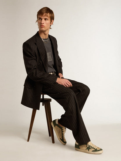 Golden Goose Mens Super-Star In Cream Mesh And Green Nappa With Nappa Star Mens