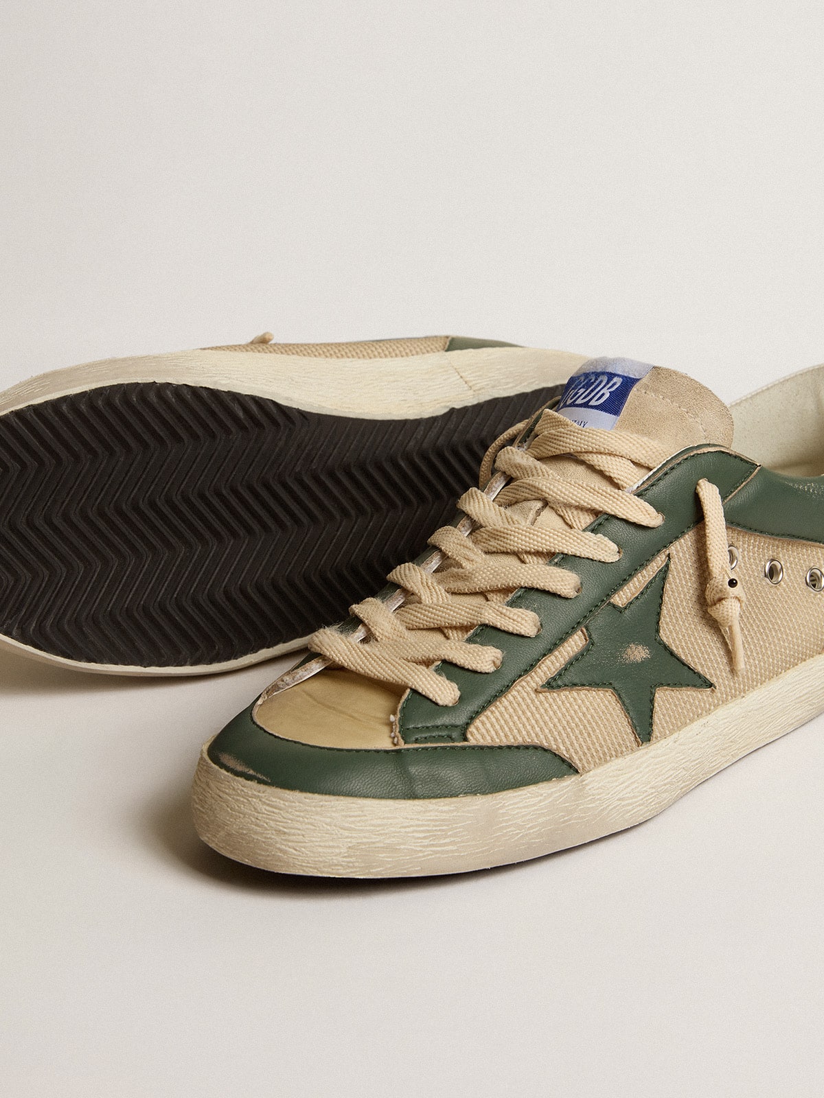 Golden Goose Mens Super-Star In Cream Mesh And Green Nappa With Nappa Star Mens