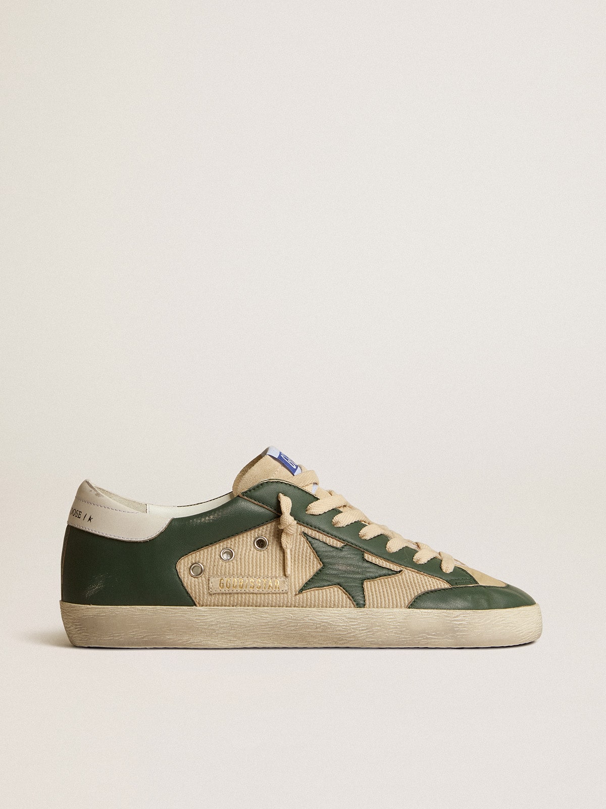 Golden Goose Mens Super-Star In Cream Mesh And Green Nappa With Nappa Star Mens