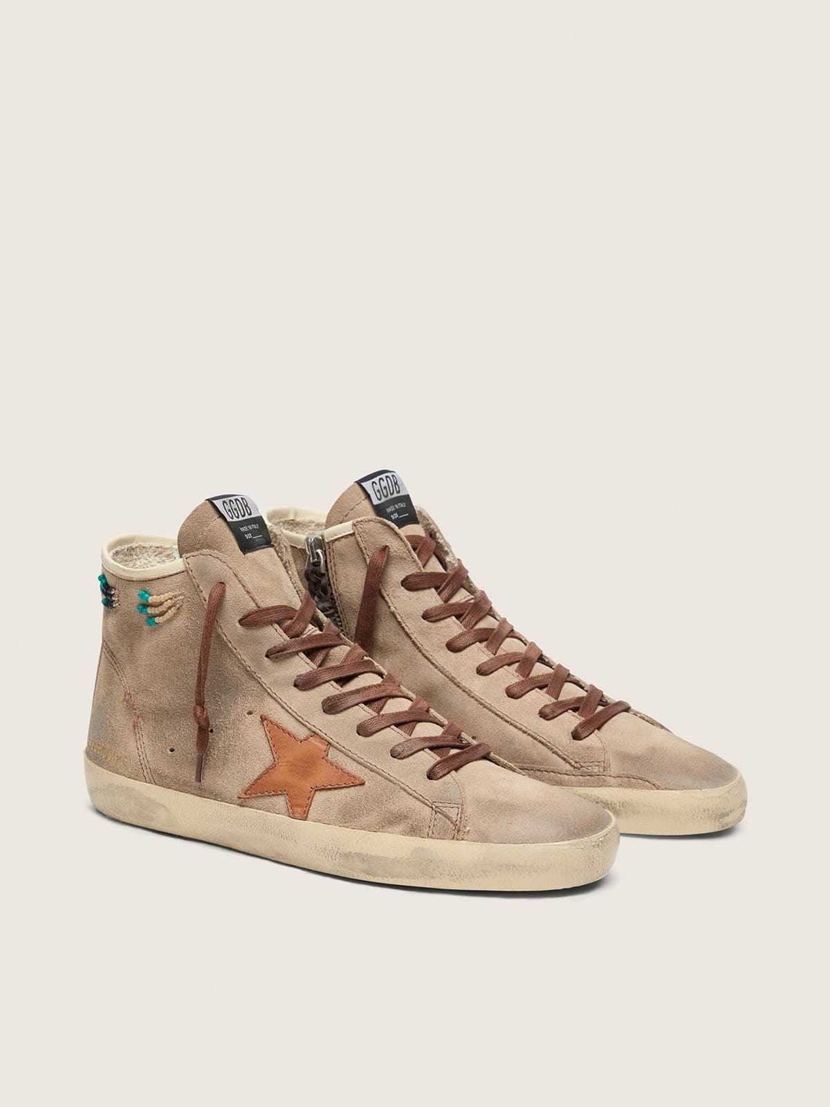 Golden Goose Mens Francy In Beige Suede With Brown Leather Star And Colored Beads Mens