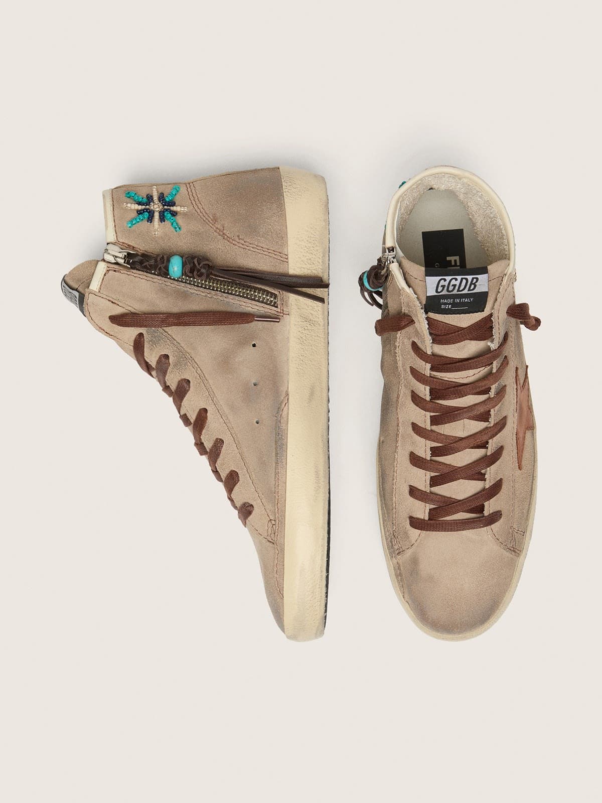 Golden Goose Mens Francy In Beige Suede With Brown Leather Star And Colored Beads Mens