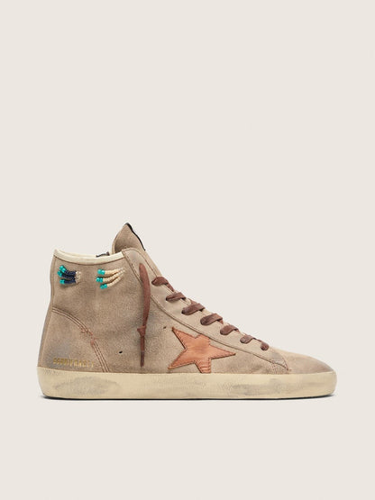 Golden Goose Mens Francy In Beige Suede With Brown Leather Star And Colored Beads Mens