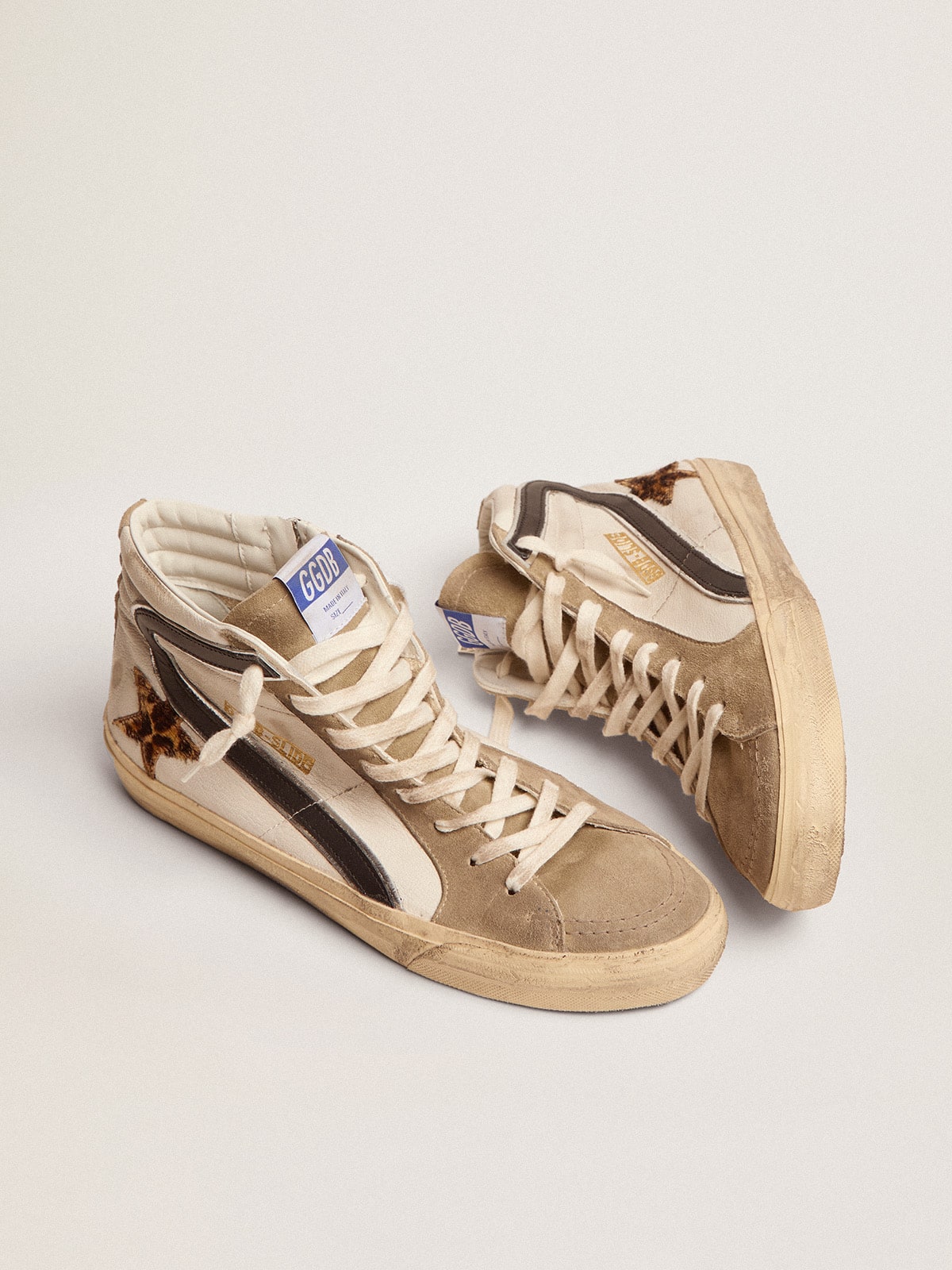 Golden Goose Mens Slide With Leopard Print Pony Skin Star And Black Flash Mens