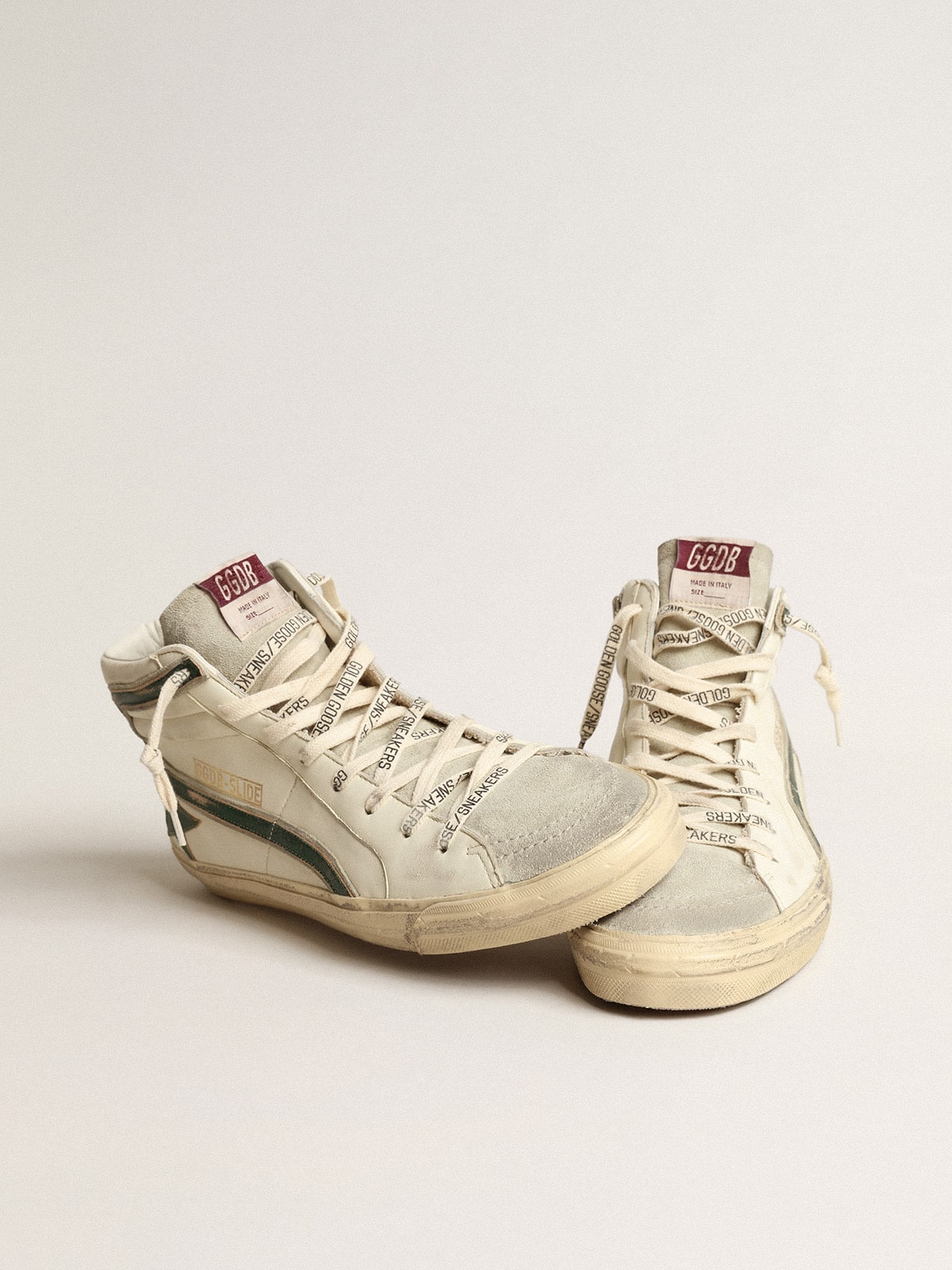 Golden Goose Slide In Beige Nappa With Green Laminated Leather Star And Flash Mens
