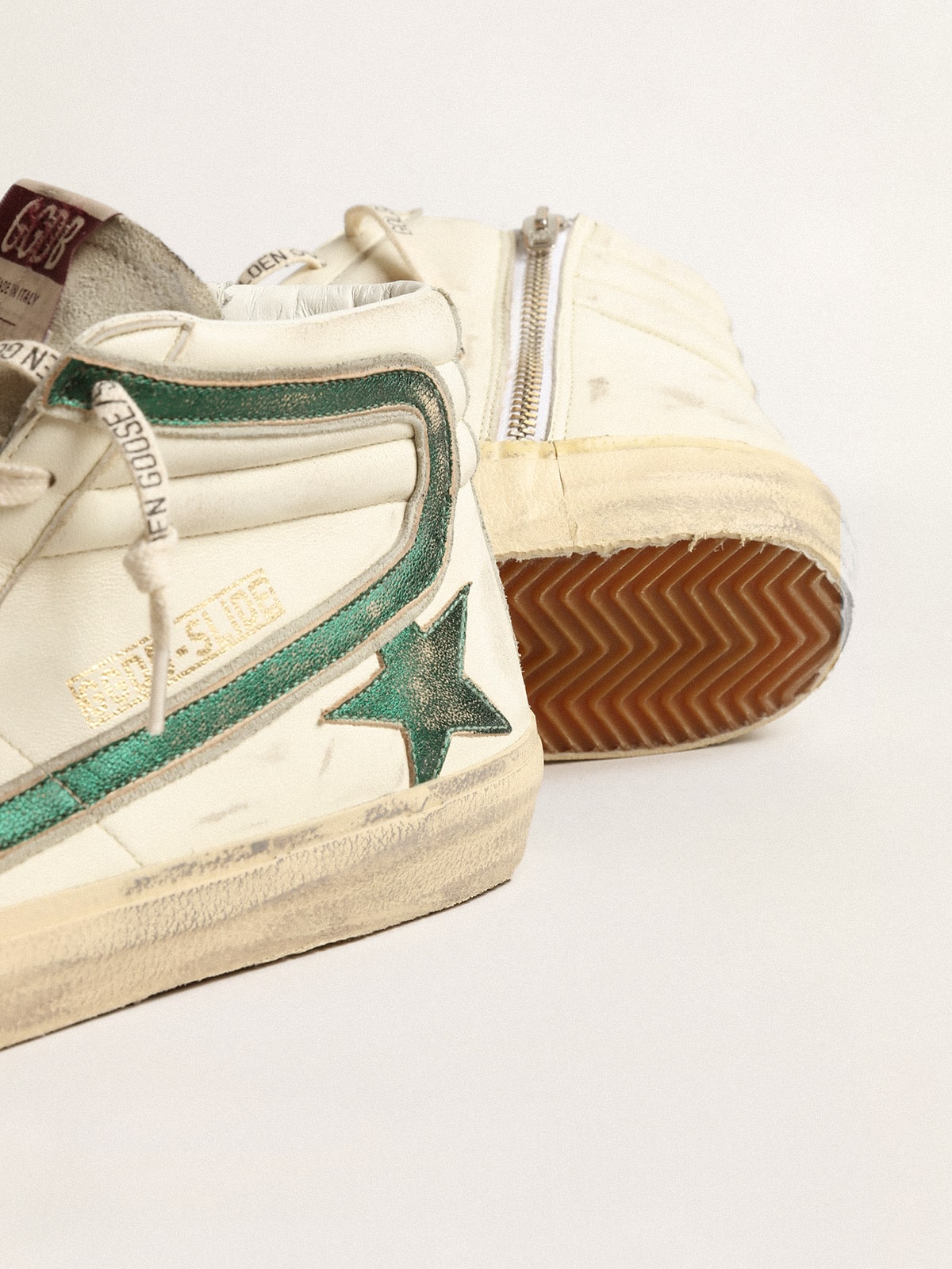 Golden Goose Slide In Beige Nappa With Green Laminated Leather Star And Flash Mens