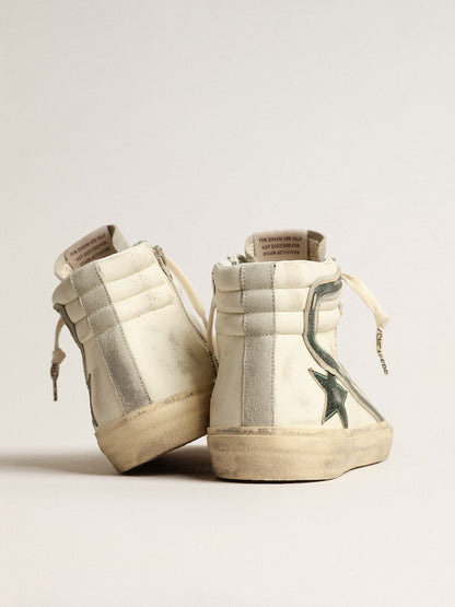 Golden Goose Slide In Beige Nappa With Green Laminated Leather Star And Flash Mens