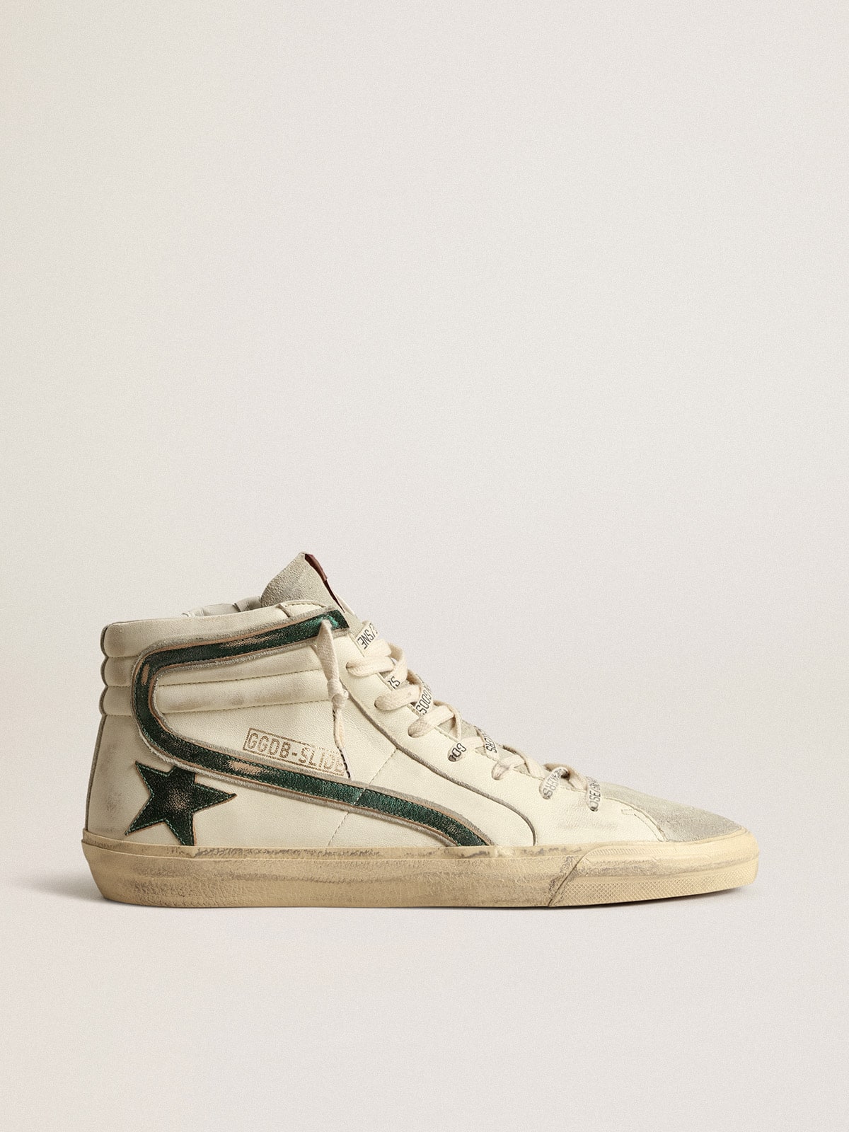 Golden Goose Slide In Beige Nappa With Green Laminated Leather Star And Flash Mens