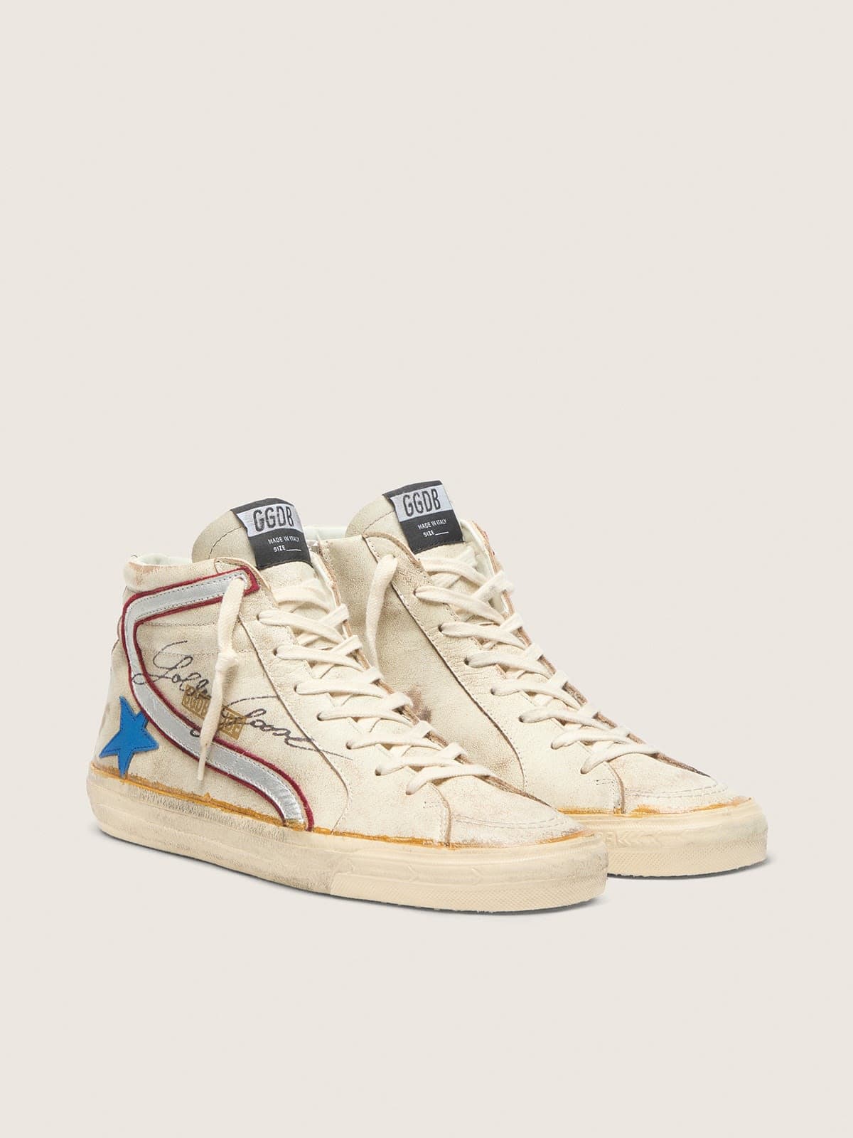 Golden Goose Mens Slide With Light Blue Leather Star And Metallic Silver Leather Flash Mens