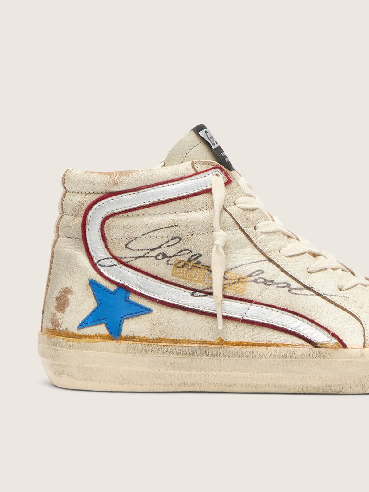 Golden Goose Mens Slide With Light Blue Leather Star And Metallic Silver Leather Flash Mens
