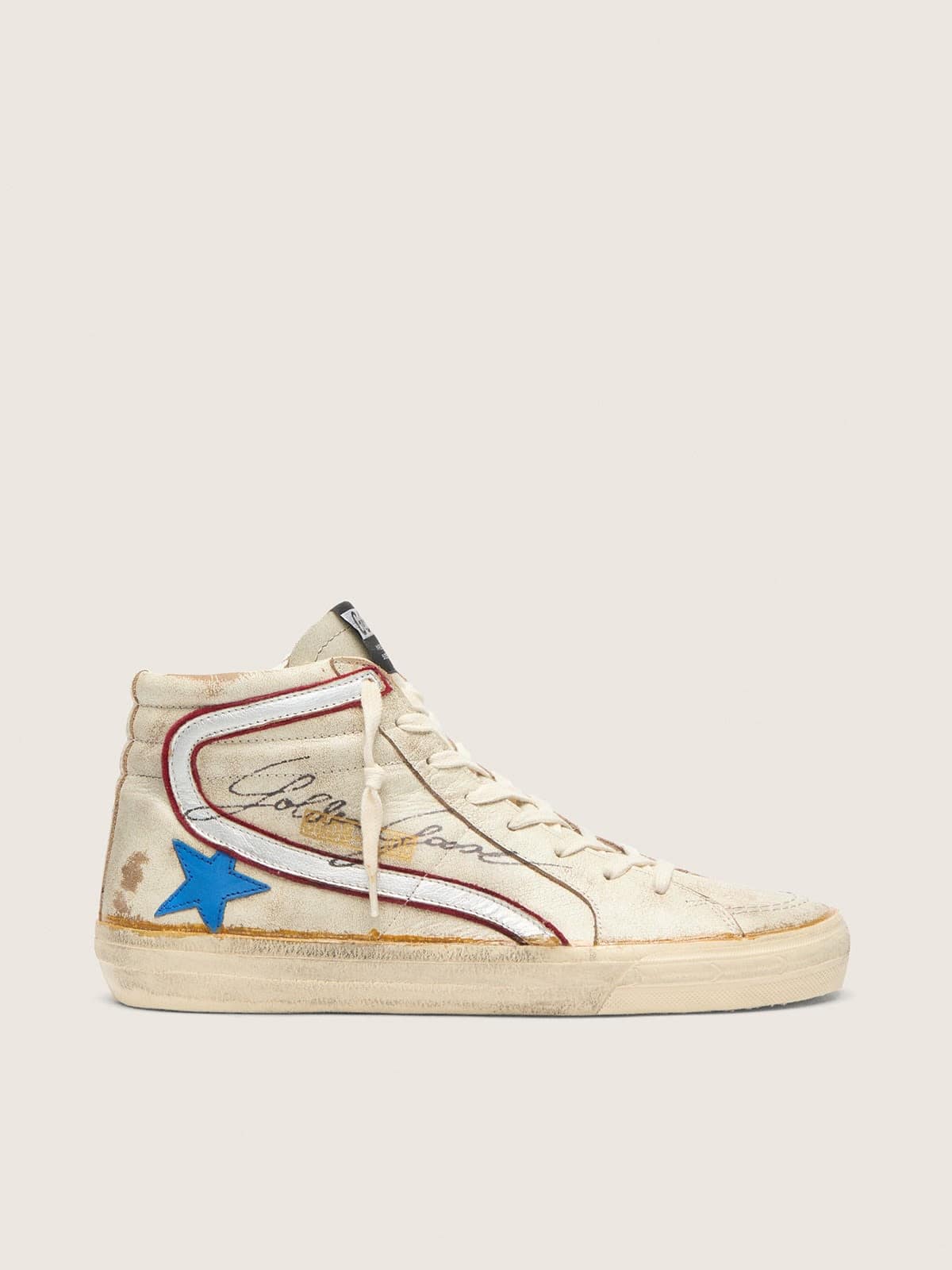 Golden Goose Mens Slide With Light Blue Leather Star And Metallic Silver Leather Flash Mens