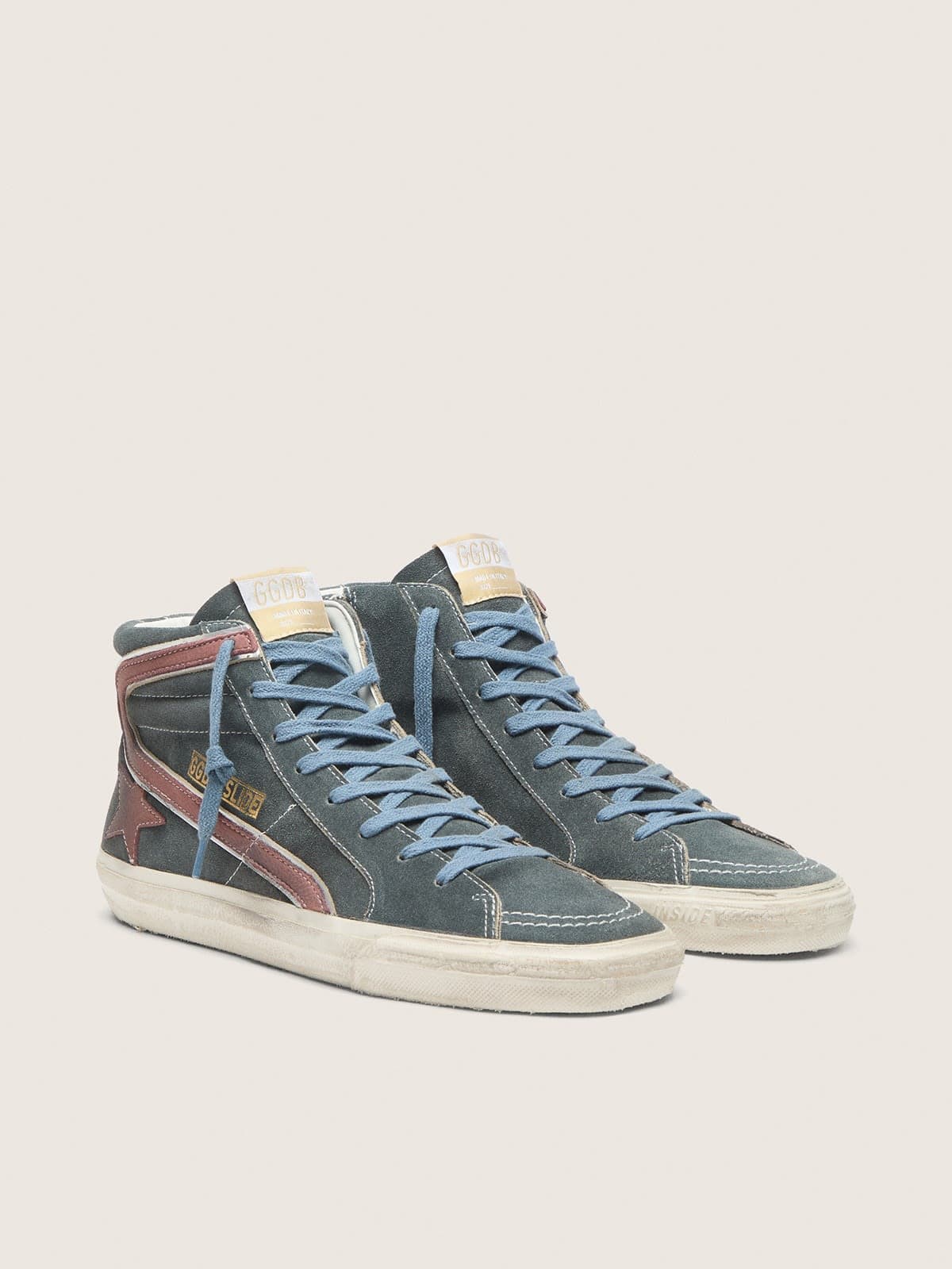 Golden Goose Mens Slide In Gray Suede With Brown Nubuck Star And Flash Mens