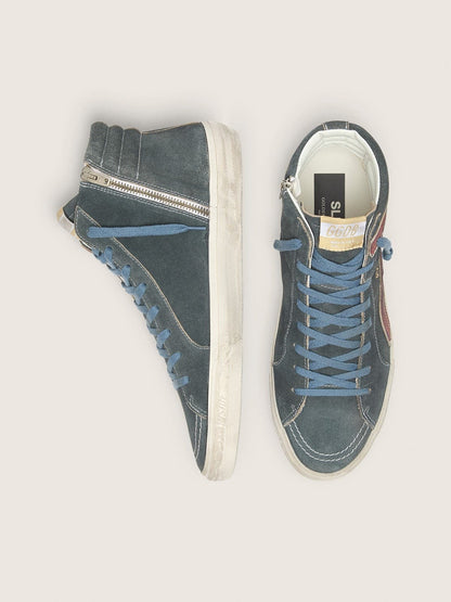 Golden Goose Mens Slide In Gray Suede With Brown Nubuck Star And Flash Mens