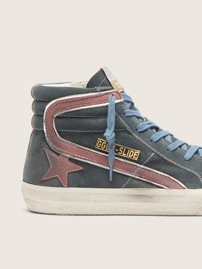 Golden Goose Mens Slide In Gray Suede With Brown Nubuck Star And Flash Mens
