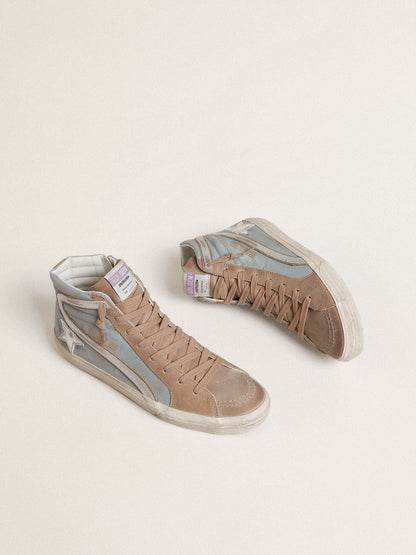 Golden Goose Mens Slide In Light Blue Canvas With Silver Metallic Leather Flash Mens
