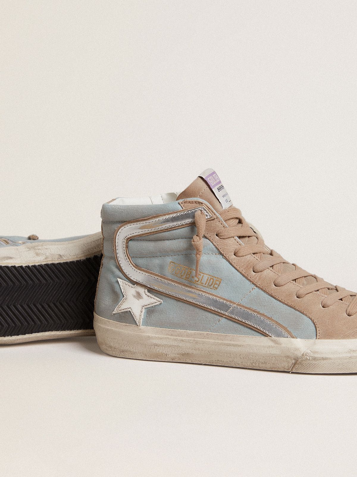 Golden Goose Mens Slide In Light Blue Canvas With Silver Metallic Leather Flash Mens