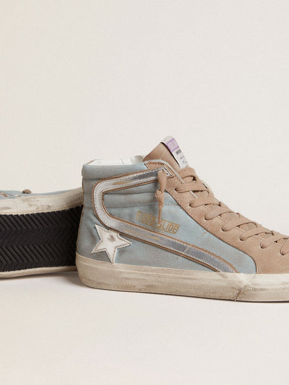 Golden Goose Mens Slide In Light Blue Canvas With Silver Metallic Leather Flash Mens