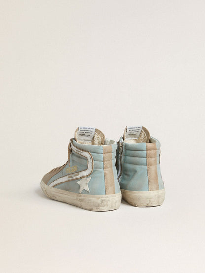 Golden Goose Mens Slide In Light Blue Canvas With Silver Metallic Leather Flash Mens