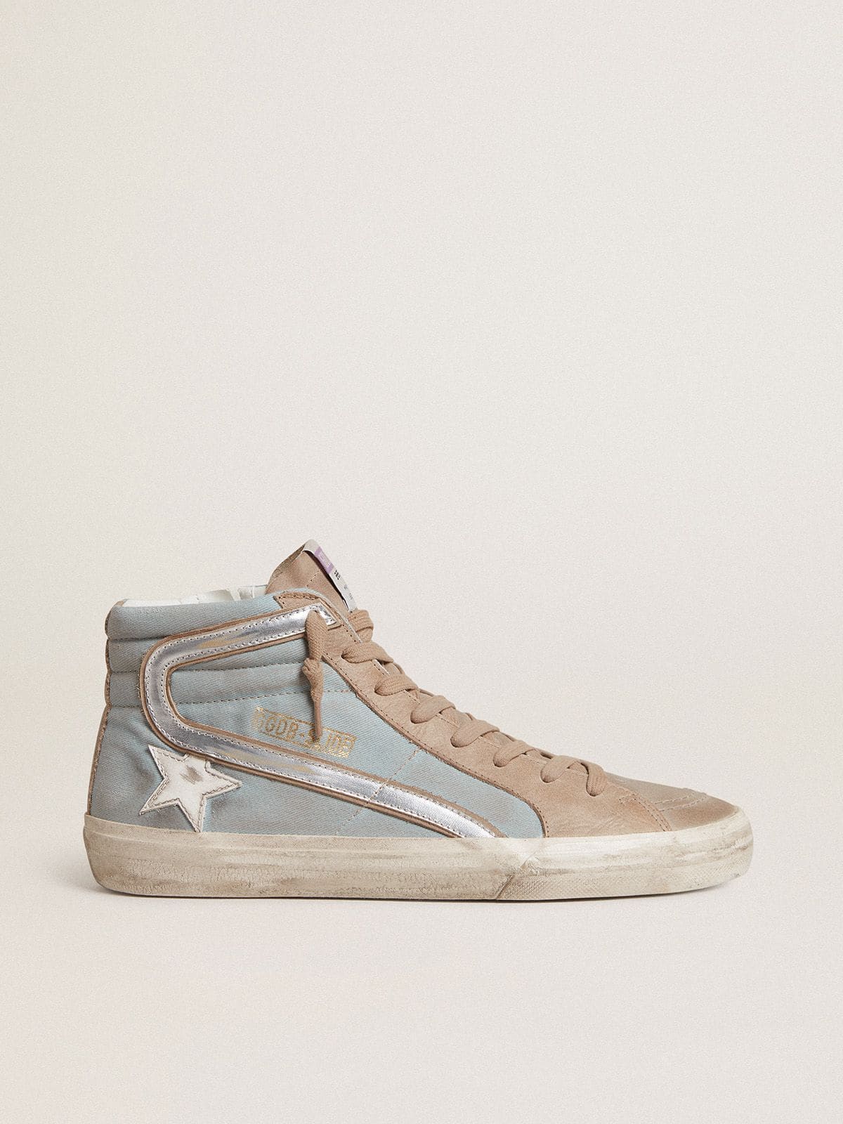 Golden Goose Mens Slide In Light Blue Canvas With Silver Metallic Leather Flash Mens