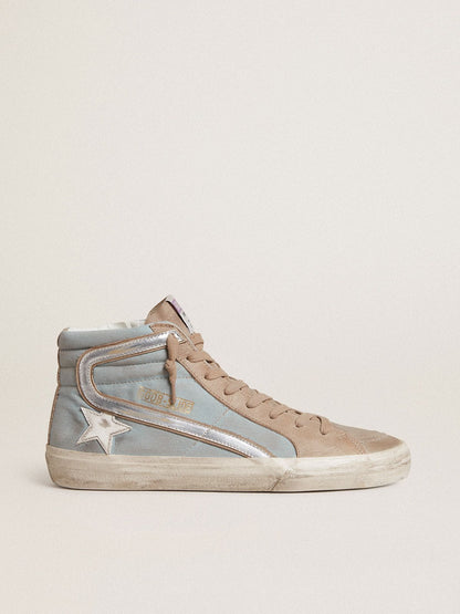 Golden Goose Mens Slide In Light Blue Canvas With Silver Metallic Leather Flash Mens
