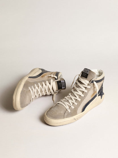Golden Goose Slide In Beige Mesh And Nylon With Blue Leather Star And Flash Mens