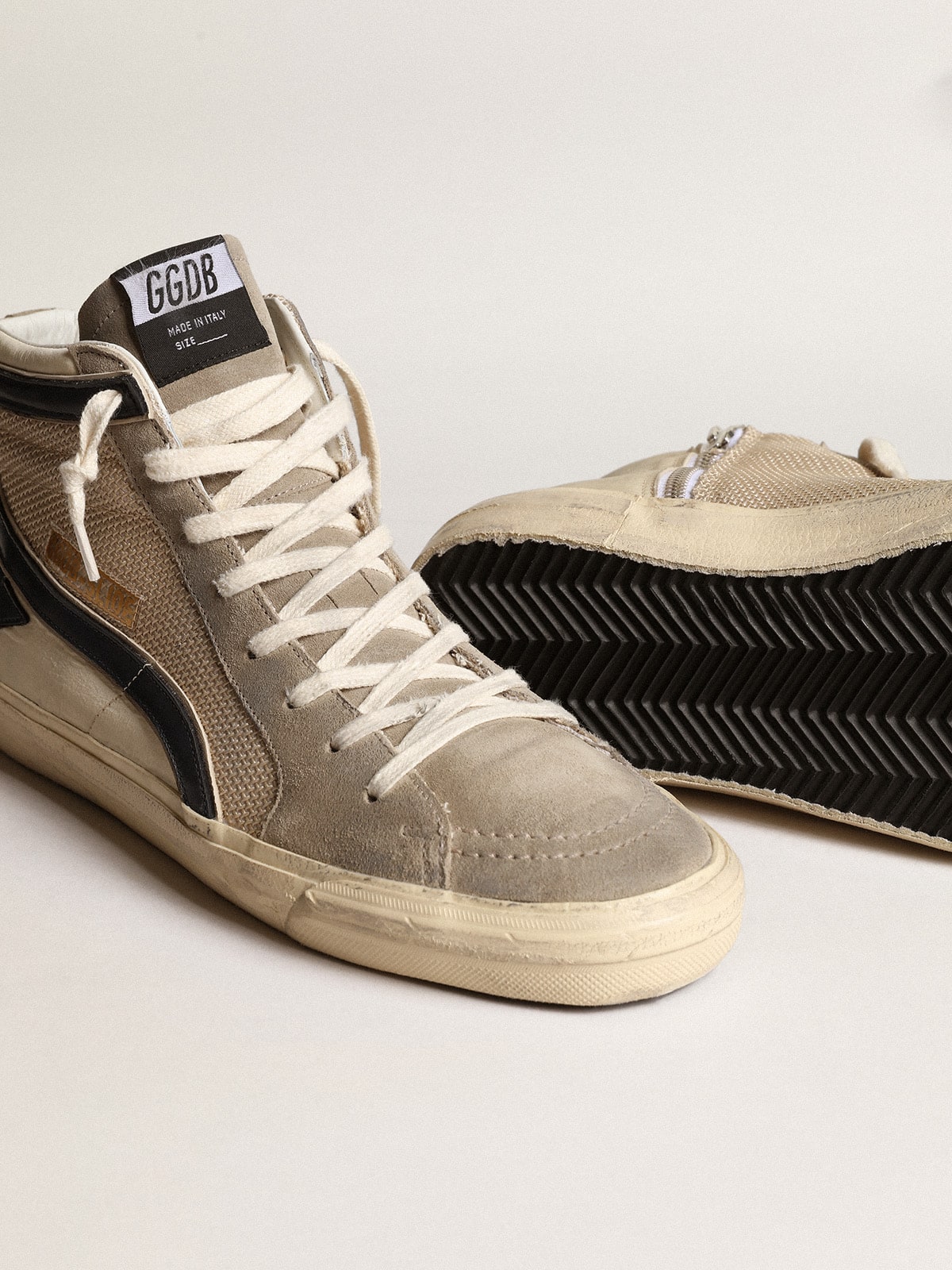 Golden Goose Slide In Beige Mesh And Nylon With Blue Leather Star And Flash Mens