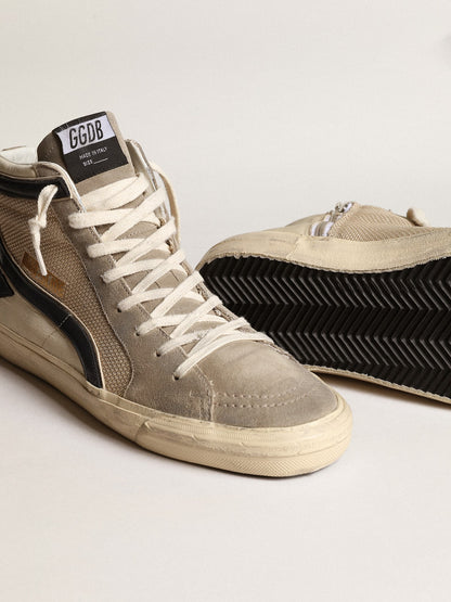 Golden Goose Slide In Beige Mesh And Nylon With Blue Leather Star And Flash Mens