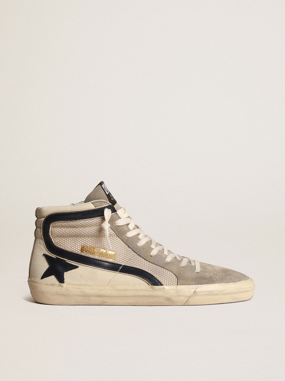 Golden Goose Slide In Beige Mesh And Nylon With Blue Leather Star And Flash Mens