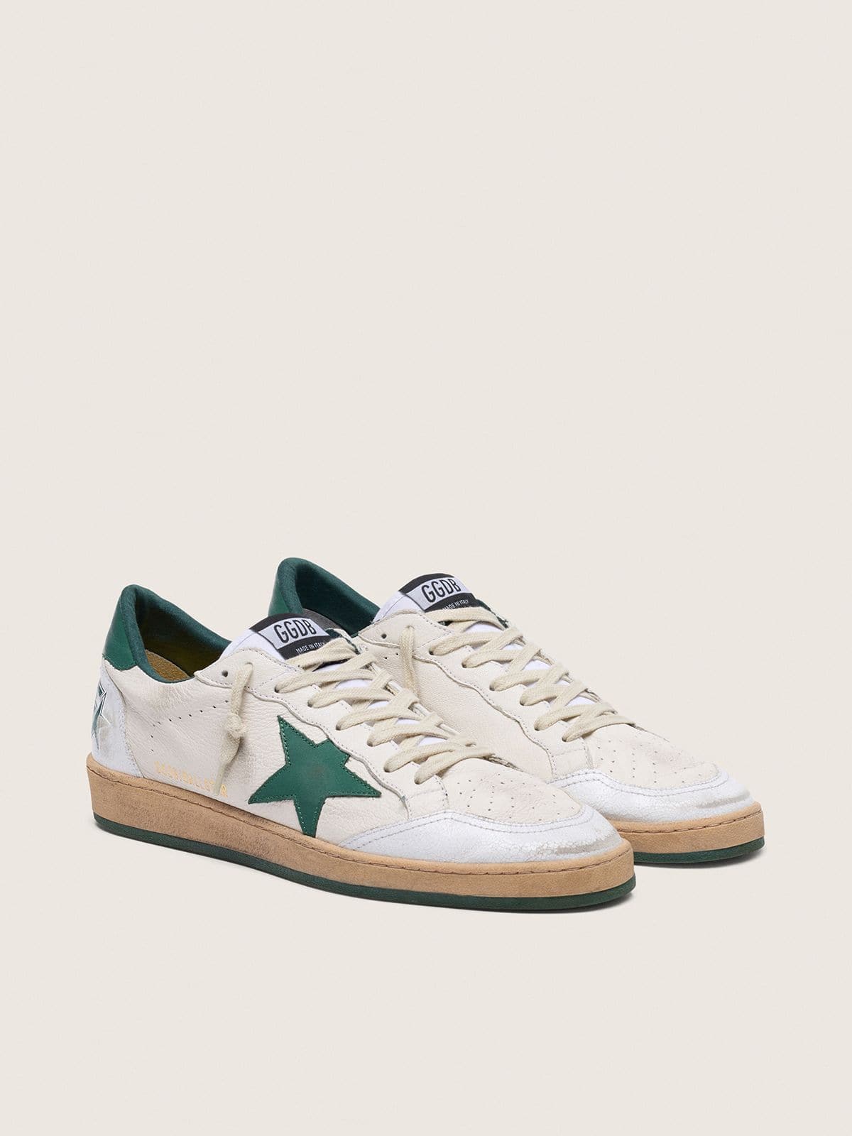 Golden Goose Mens Ball Star In White Nappa Leather With Green Leather Star And Heel Tab Mens