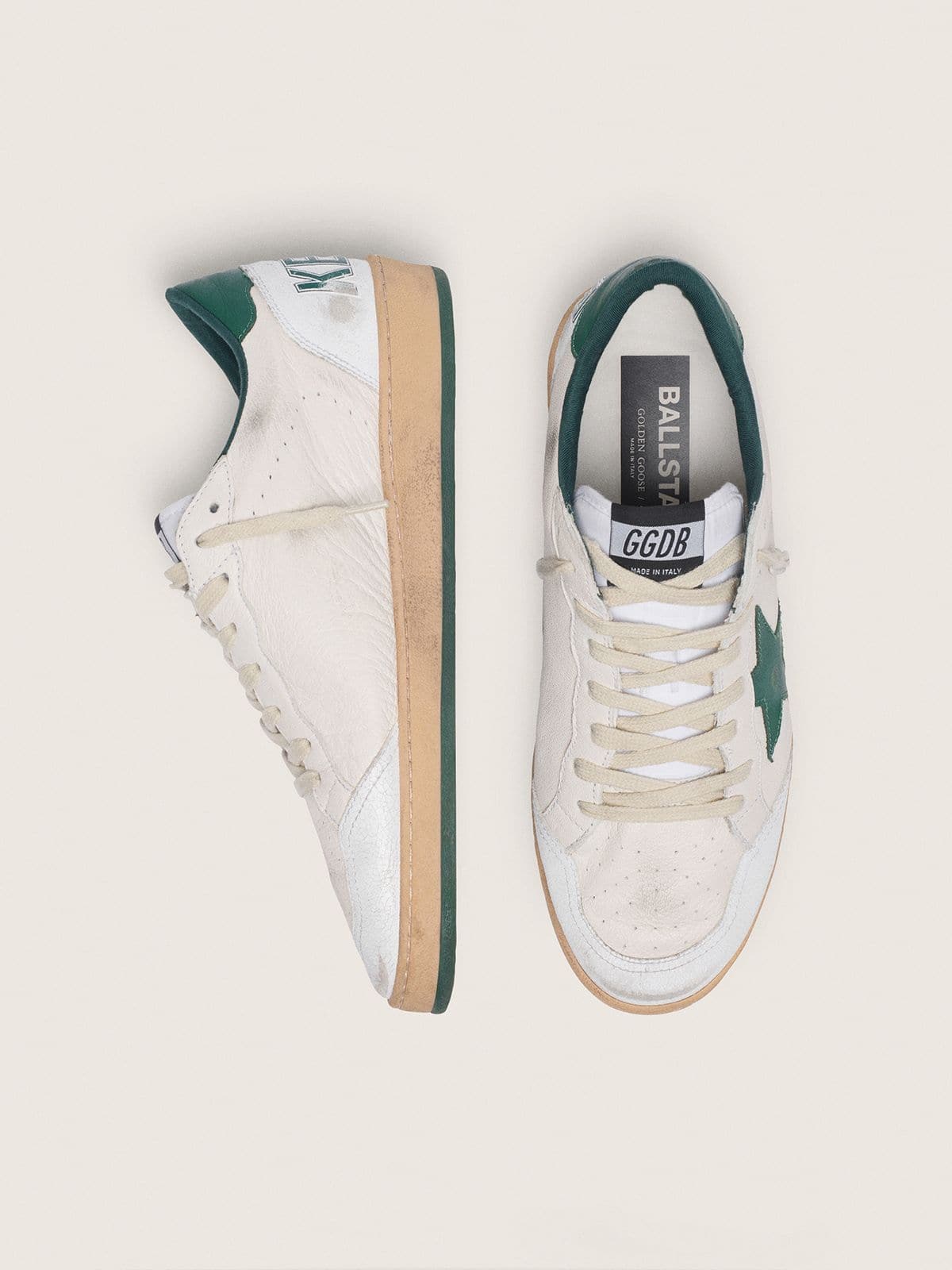 Golden Goose Mens Ball Star In White Nappa Leather With Green Leather Star And Heel Tab Mens