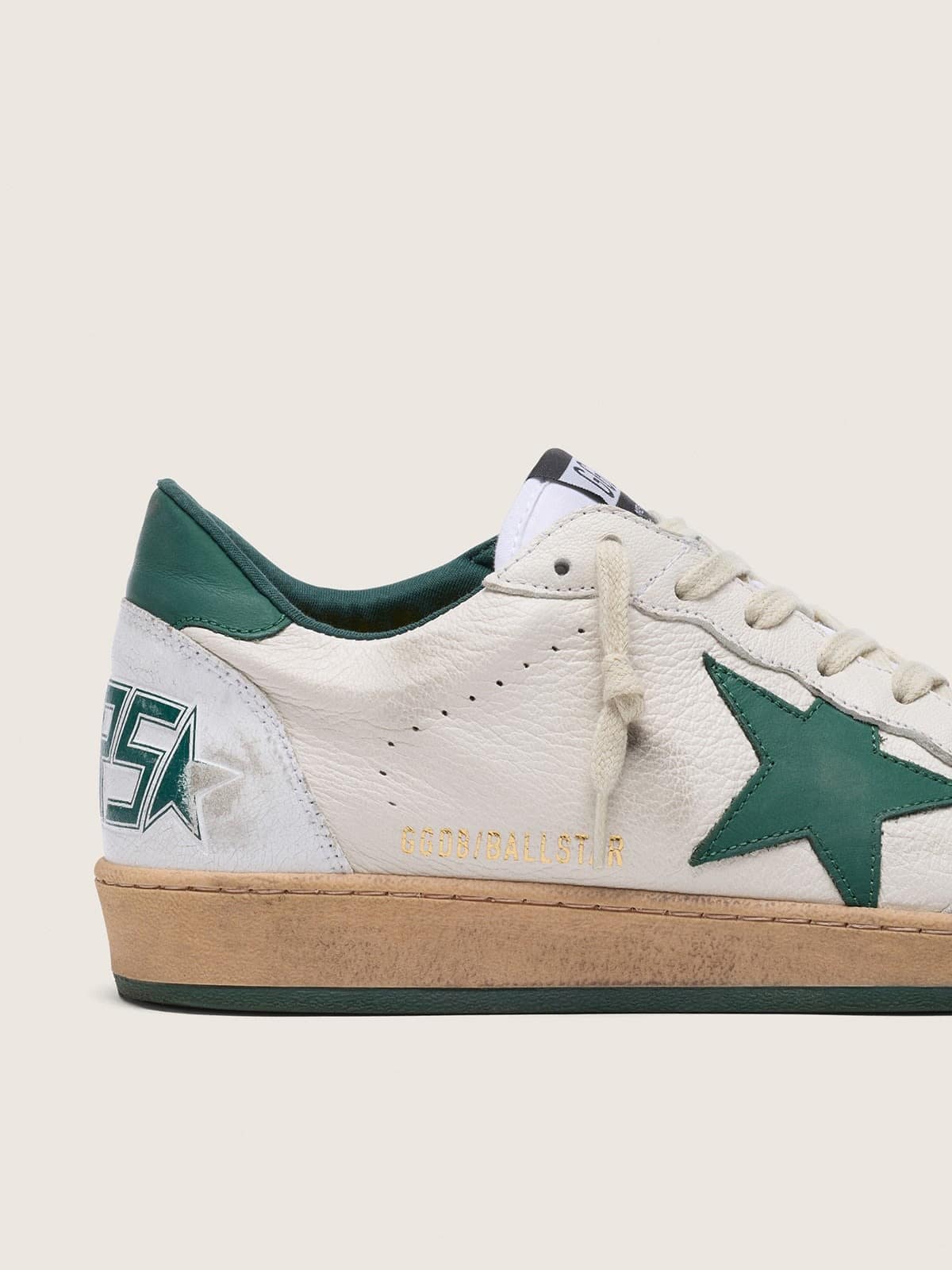 Golden Goose Mens Ball Star In White Nappa Leather With Green Leather Star And Heel Tab Mens