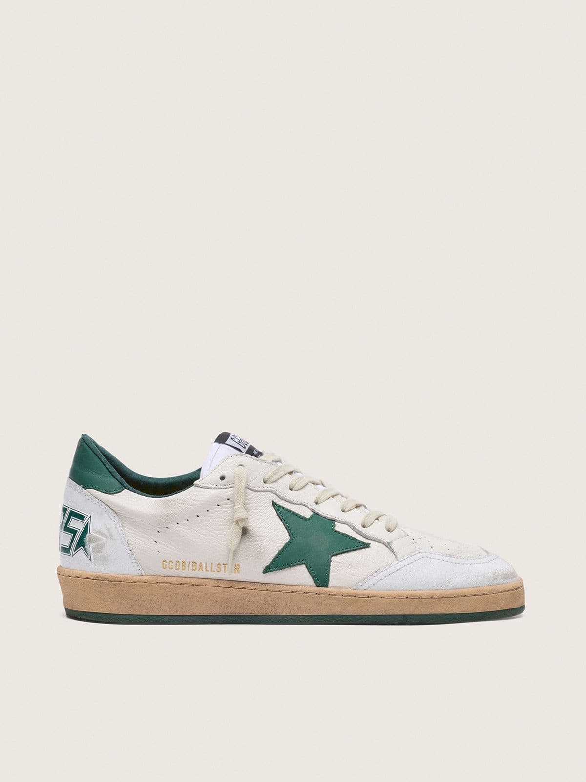 Golden Goose Mens Ball Star In White Nappa Leather With Green Leather Star And Heel Tab Mens
