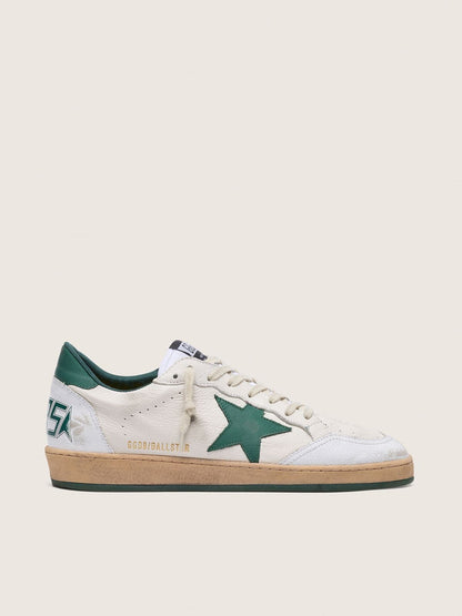 Golden Goose Mens Ball Star In White Nappa Leather With Green Leather Star And Heel Tab Mens